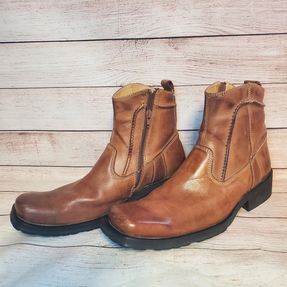 Bed Stu Mens Size 11 Tan/Brown Leather Side Zip Square Toe Ankle Boots - Picture 1 of 14